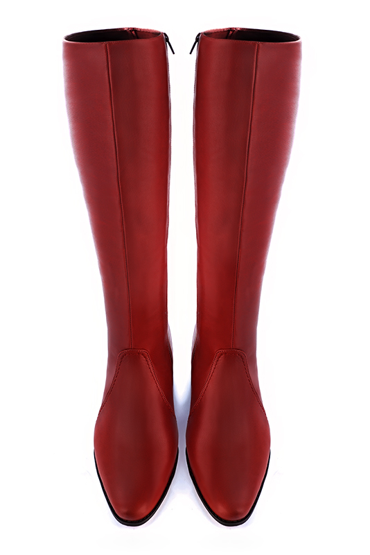 Scarlet red women's riding knee-high boots. Round toe. Low leather soles. Made to measure. Top view - Florence KOOIJMAN